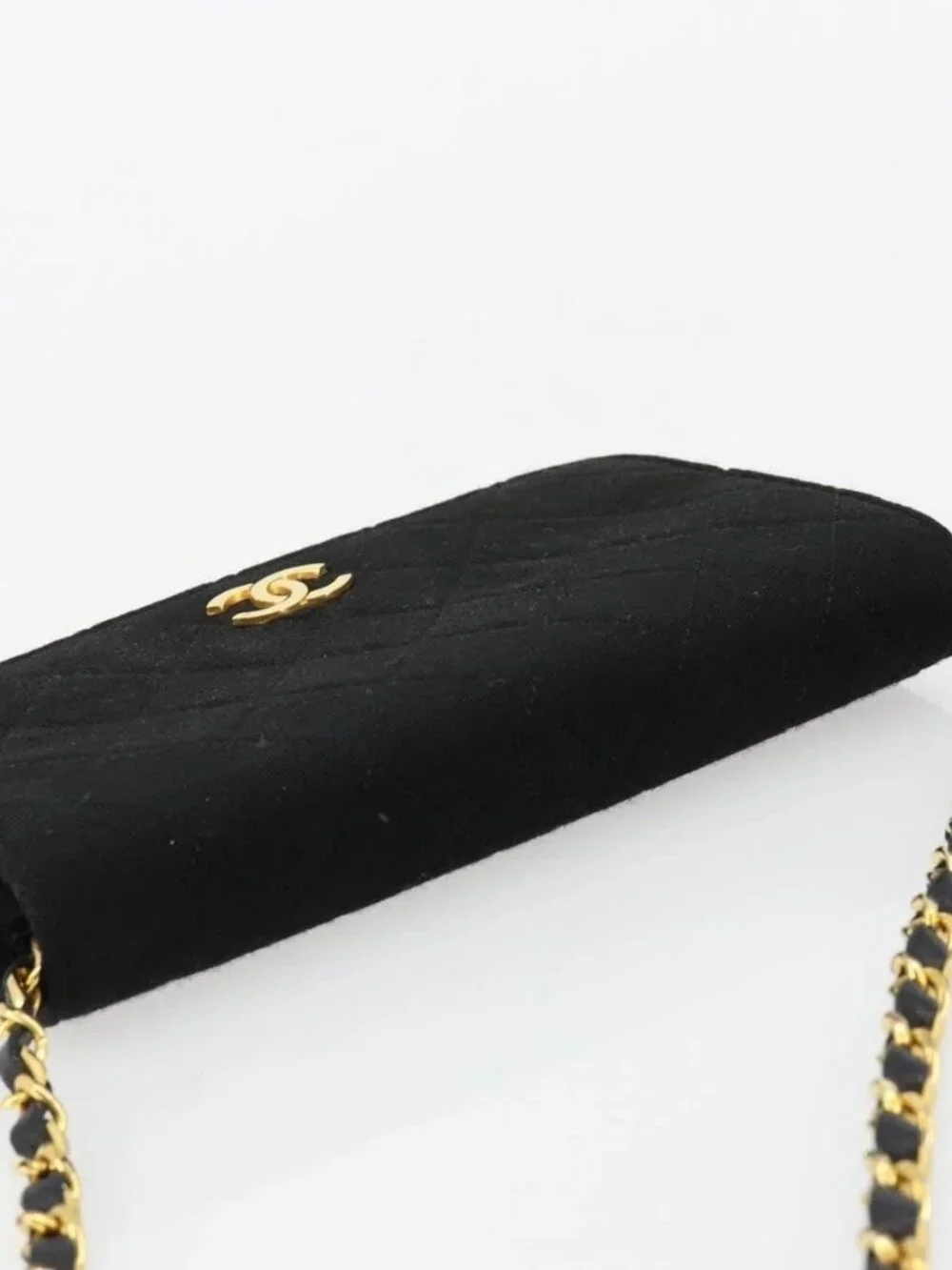 CHANEL Matelasse Chain Shoulder Bag Cotton Black Gold CC Auth 184947